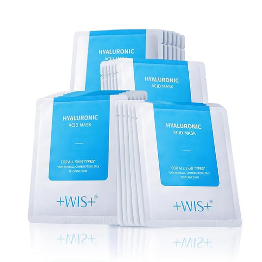 '+WIS+ Hyaluronic Acid Sheet Mask 5 EA with Hyaluronic Acid Serum and Vitamin B5, Hydrating Facial Mask for Dry Skin, Anti-Aging Mask to Plump and Repair Dehydrated Skin, Safe on Sensitive Skin