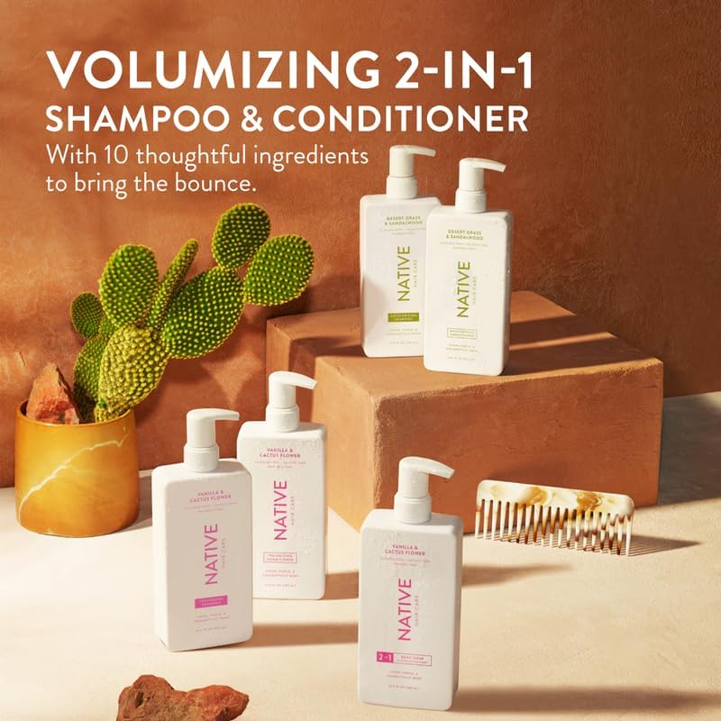 Native Vanilla & Cactus Flower 2-in-1 Shampoo & Conditioner Contain Naturally Derived Ingredients |All Hair Type Color & Treated, Fine to Dry Damaged, Sulfate & Dye Free - 2-Pack