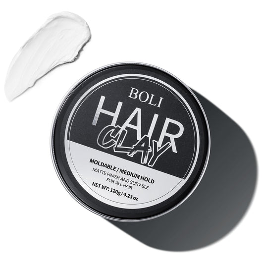BOLI Hair Clay for Men, All Day Strong Hold Pomade, Texturizing & Matte Finish, Styling Paste for Medium, Thick, Straight, or Wavy Hair (120g)