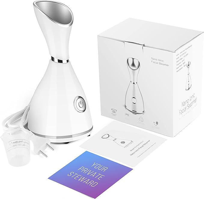 Facial Steamer for Face - Nano Ionic Face Steamer for Facial Deep Cleaning - Warm Mist Home SPA Portable Humidifier - Moisturizing, Unclogs Pores and Sinus, White