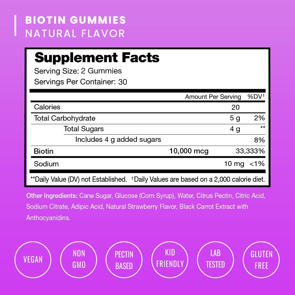 NutraChamps Biotin Gummies 10000mcg [High Potency] for Healthy Hair, Skin & Nails Vitamins for Women, Men & Kids - 5000mcg in Each Hair Vitamins Gummy - Vegan, Non-GMO, Hair Health Supplement