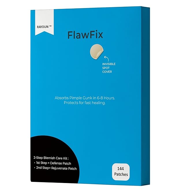 FlawFix Acne Patch, 144 Hydrocolloid Patches, 3 Sizes, 2-Step Blemish Care Kit with Tea Tree Oil and Salicylic Acid