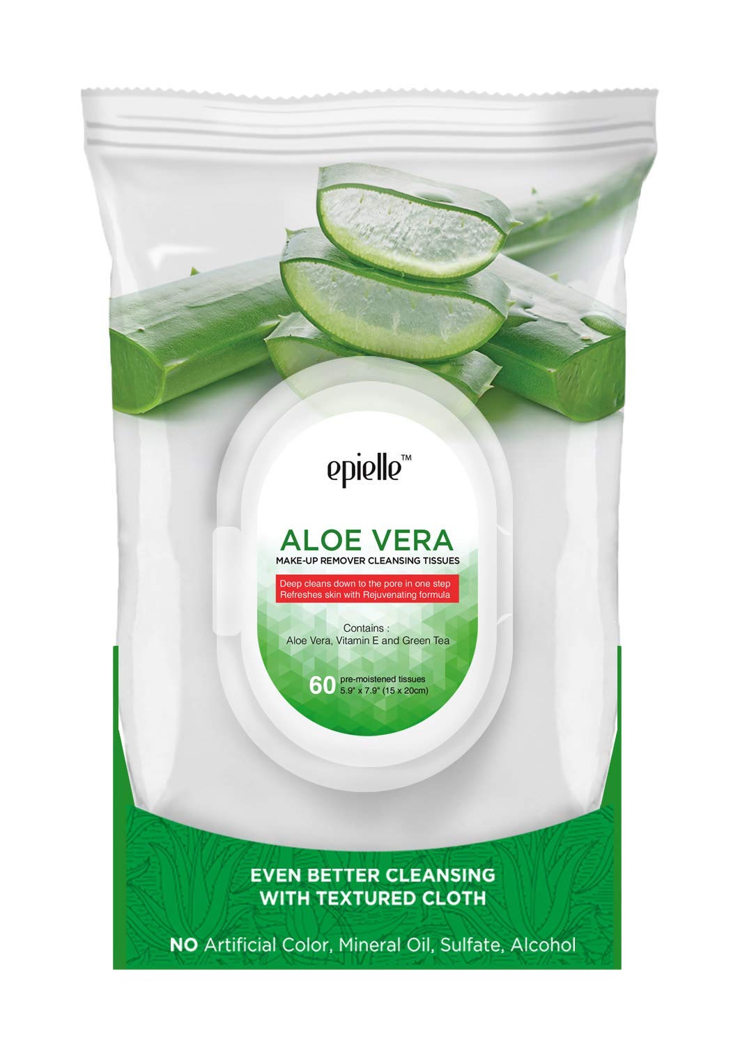 Epielle Aloe Vera Makeup Remover Wipes, Gentle Daily Facial Cleanser Towelettes, Remove Dirt, Oil & Waterproof Mascara, Hypoallergenic & Alcohol-Free, 60 Count (Pack of 2)