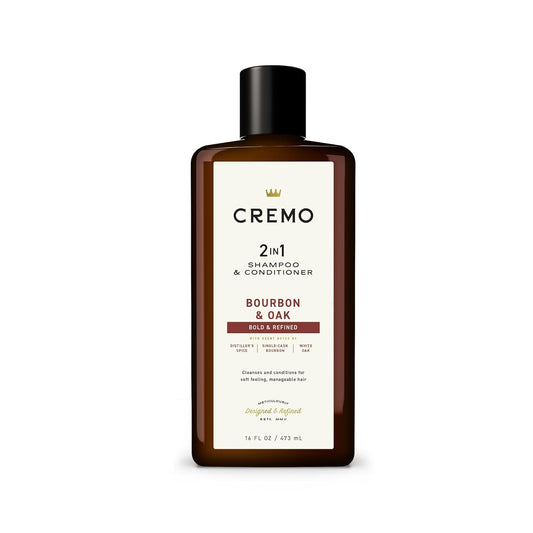 Cremo Bourbon & Oak 2-in-1 Shampoo & Conditioner, Barber Grade Quality That Moisturizes and Cleanses All Hair Types, 16 Fluid Ounce