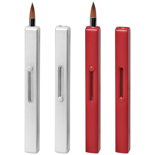 Retractable Lip Brush 2pc Applicators Flat for Lipstick Gloss Creams Portable with Cap, Professional Makeup Brush （Silver + Red）
