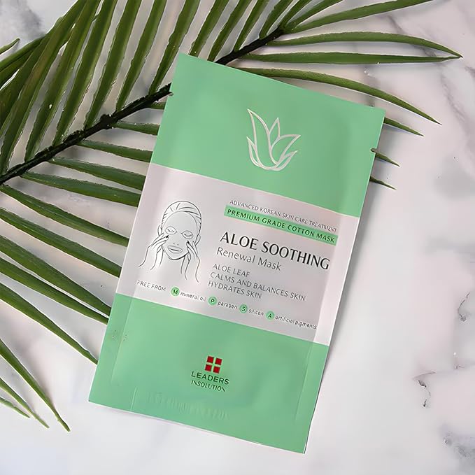 Leaders Insolution Aloe Soothing Skin Renewal Mask | Organic Aloe Leaf & Cactus Extract Hydrating Facial Treatment for Sensitive, Dry, Acne-Prone Skin | UV Repair & Hydration Boost (10 Sheets)