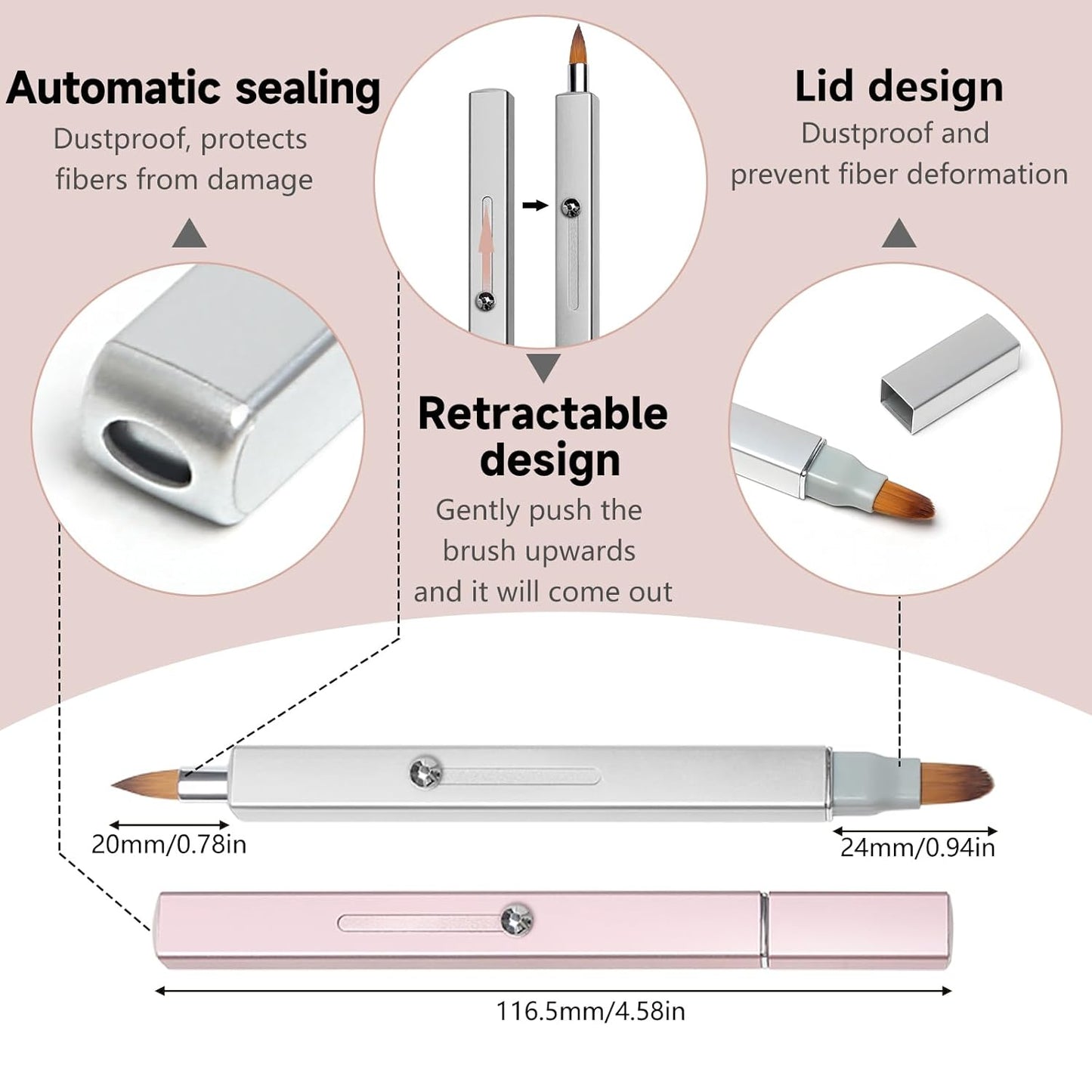 Retractable Retractable Dual-ended Lipstick Brush Double-ended Lip Makeup Brush Lip Gloss, Eyeshadow-2PCS (Silver + Pink)