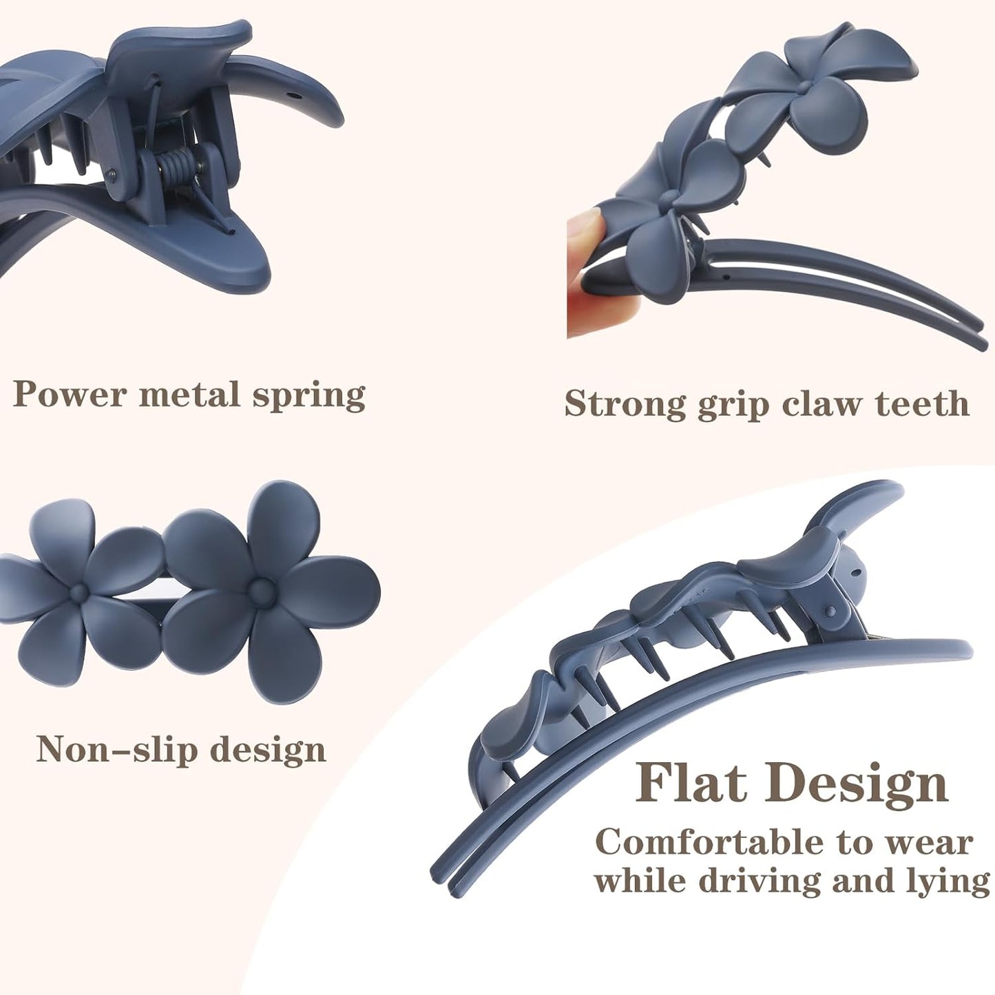 5 Pcs Flat Hair Clips, 2 Styles Large Lay Flat Claw Clips for Women Girls,Strong Hold Non-slip Matte Hair Claws for Thick Thin Hair(Navy&Grey)