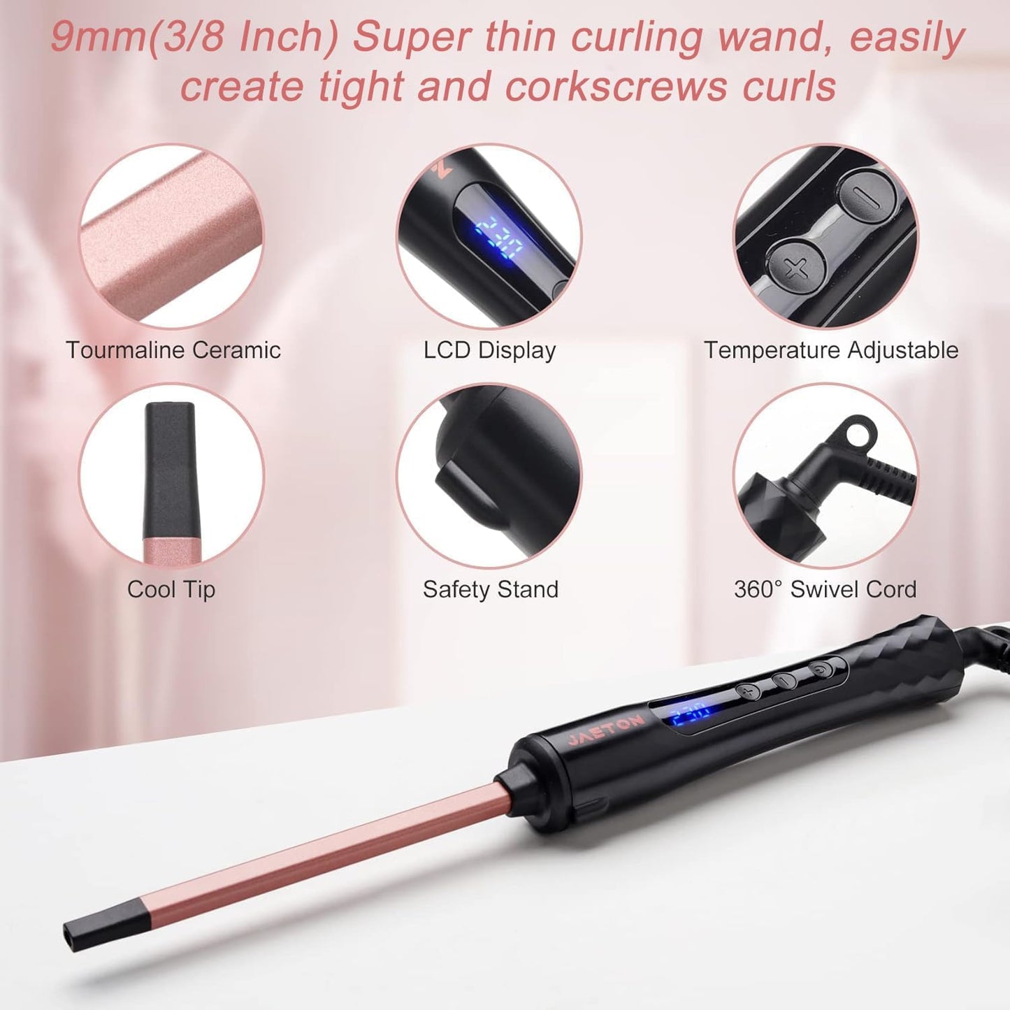 Small Curling Iron 3/8 Inch, 9mm Thin Hair Curling Wand for Short and Long Hair, Professional Ceramic Hair Curler Wand, Include Heat Resistant Glove