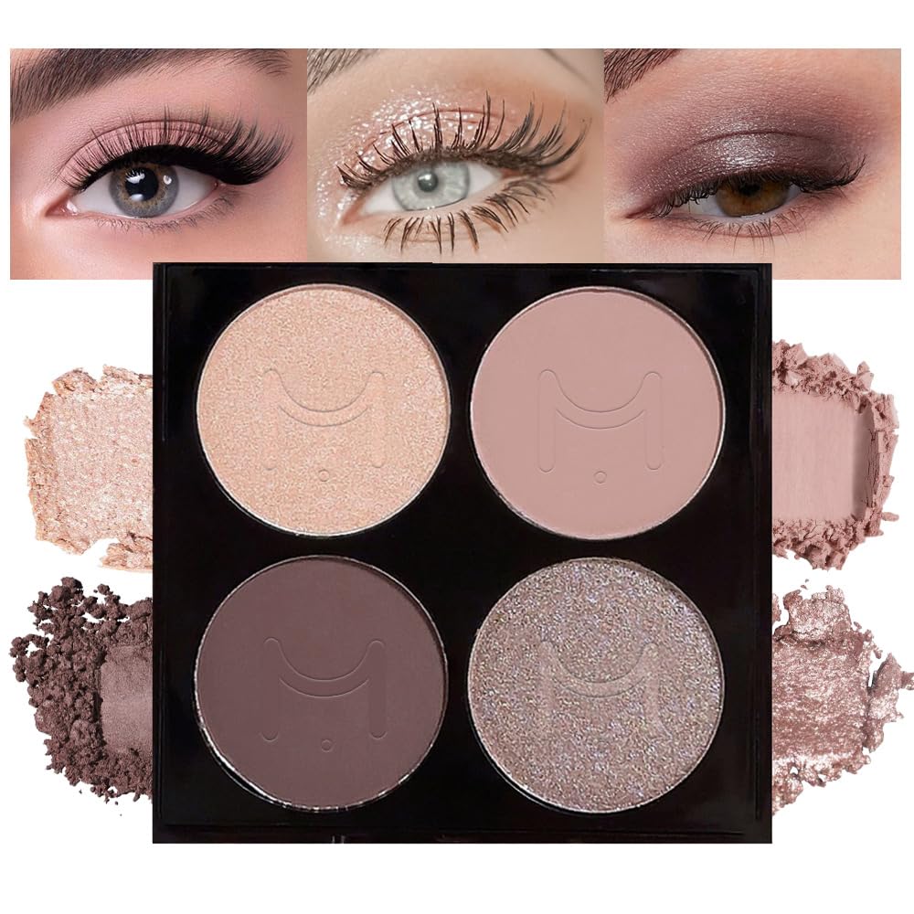 Quads Matte Eye Shadow Powder Makeup Palette - Nudes Brown & Champagne Pink Shimmer Eyeshadow Green Eyes, Long-Lasting Eyeshadow Waterproof Anti-smudge, sombras de ojos, with Built-In Mirror 02