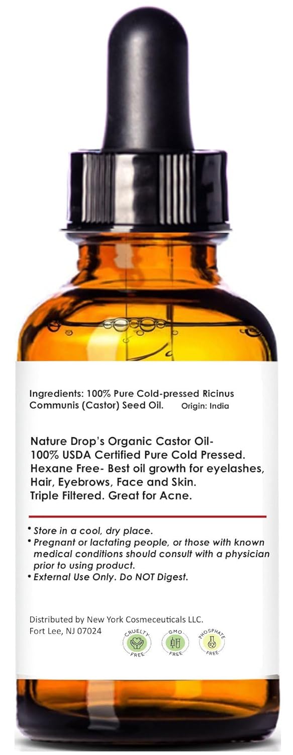 Organic Castor Oil,1 oz - 100% USDA Certified Pure Cold Pressed Hexane free - Best oil Growth For Eyelashes, Hair, Eyebrows, Face and Skin, Triple Filtered, Great for Acne
