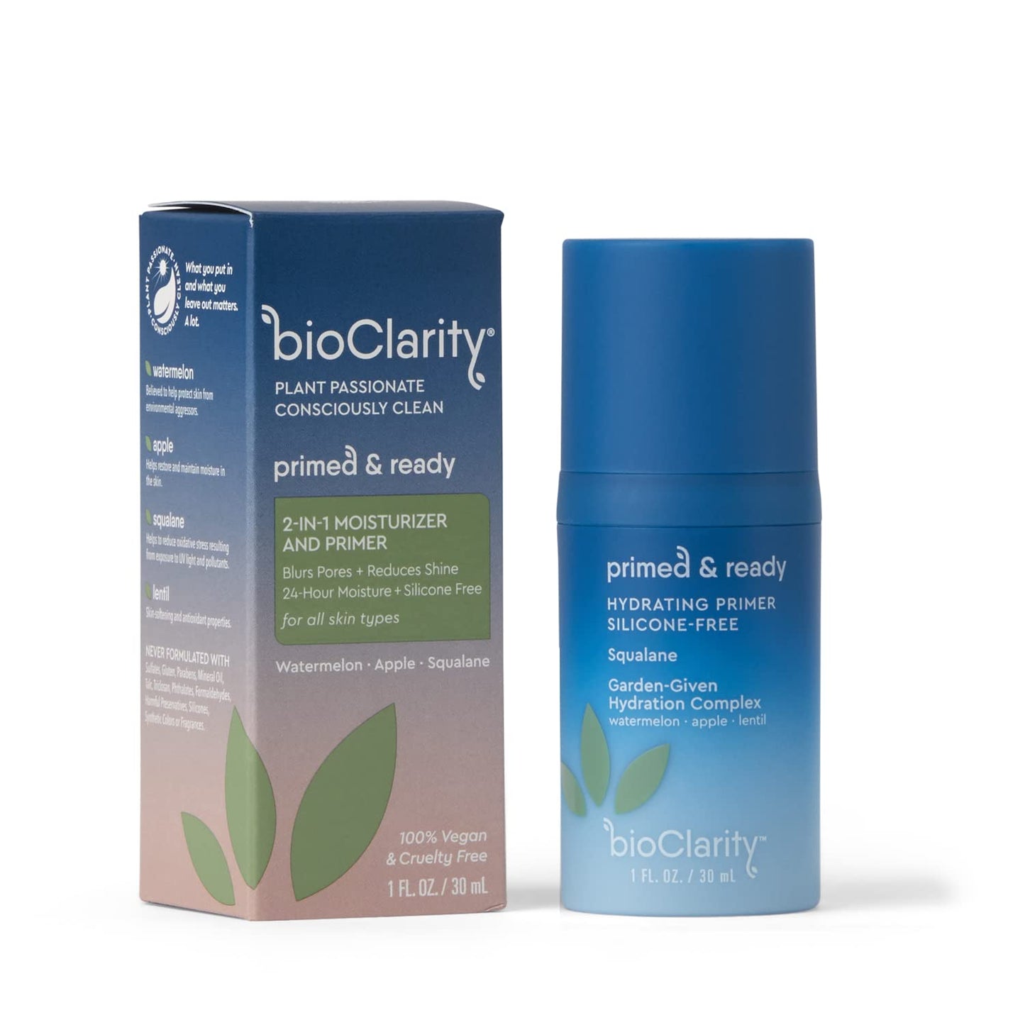 BioClarity Silicone-Free Moisturizing Primer, 100% Vegan, Non-Toxic, Doubles as Everyday Moisturizer, With Squalane, Vitamin E, Lentil & Watermelon, Lightweight Hydrating Formula, 1 fl. oz.