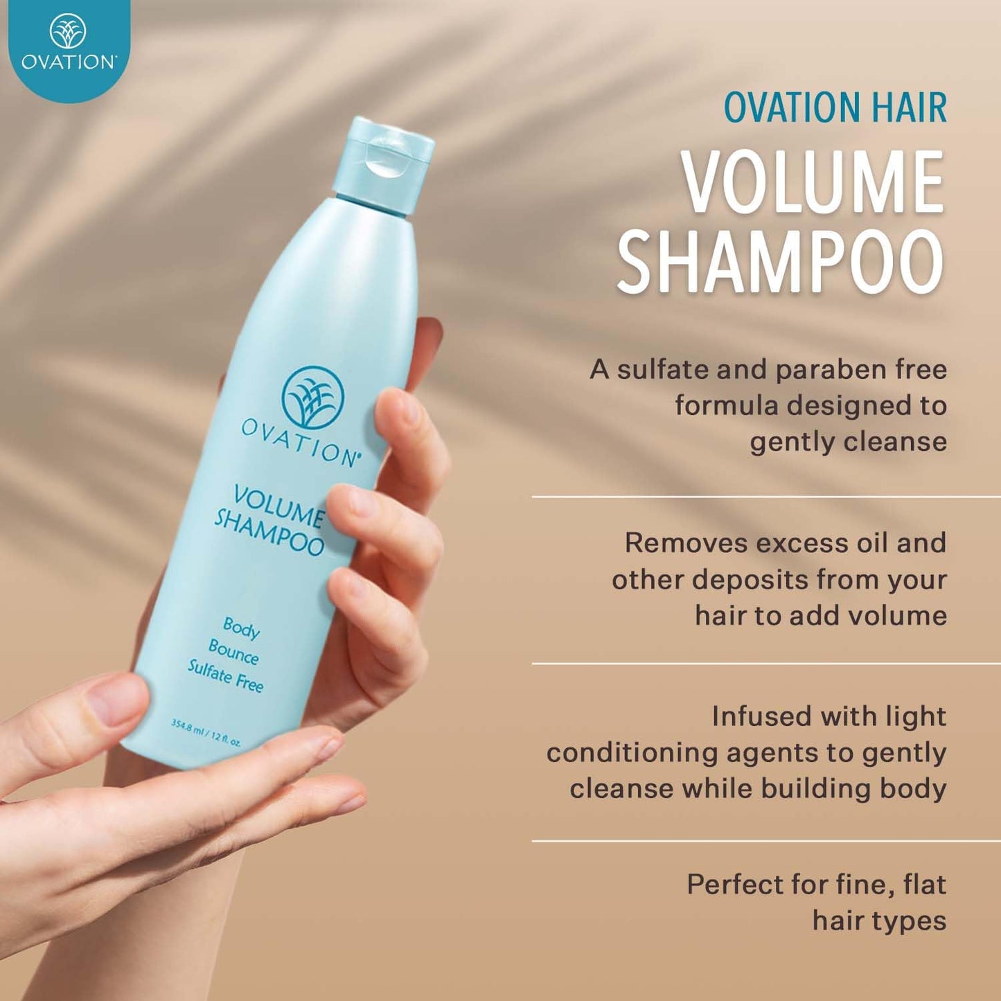 Ovation Hair Volume Shampoo - For Voluminous, Bouncy Hair - 12 oz - Gentle Cleansing and Helps Removes Excess Hair Oil - For Fine, Thin Hair - With Fenugreek, Aloe Vera, Saw Palmetto