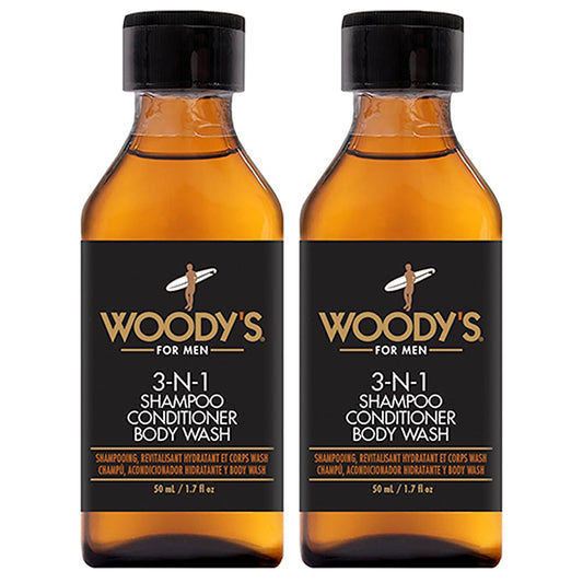 Woody's 3-in-1 Shampoo, Conditioner, & Body Wash for Men, Travel-Size, Refreshing All-in-One Hair & Body Cleanser, 1.7 fl oz, 2 Pack