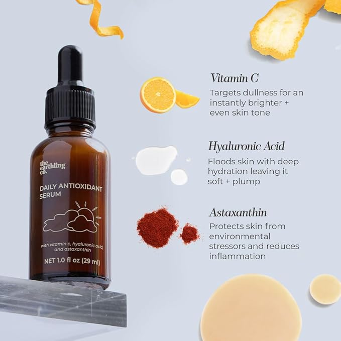 The Earthling Co. Antioxidant Serum for Daily Use - Brightens, Evens Skin Tone and Reduces Dark Spots with Vitamin C and Hyaluronic Acid - Gentle Hydrating Serum for Sensitive Skin, 1.0 fl oz