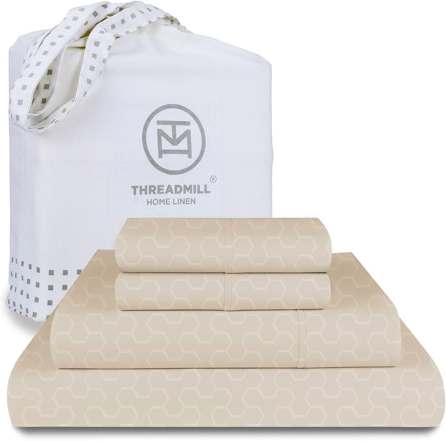 Threadmill 100% Cotton Sheets for King Size Bed | Damask Sateen All-Season 500Thread Count 4 Pc King Bed Sheets Set | Soft, Breathable Hotel Quality | Snug Fit Elastic Deep Pocket King Sheets | Beige