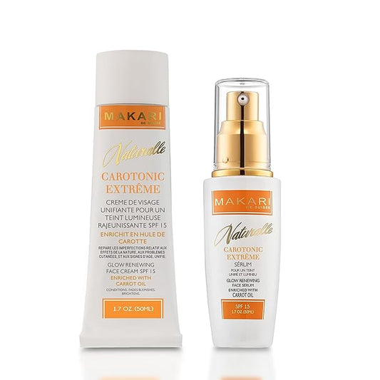 MAKARI Naturalle Carotonic Extreme Glow Renewing Face Cream SPF15 & Brightening Serum Set | Moisturizes, Brightens, & Rejuvenates Skin | Reduces Acne & Scars | Anti-Aging & Antioxidant Protection for