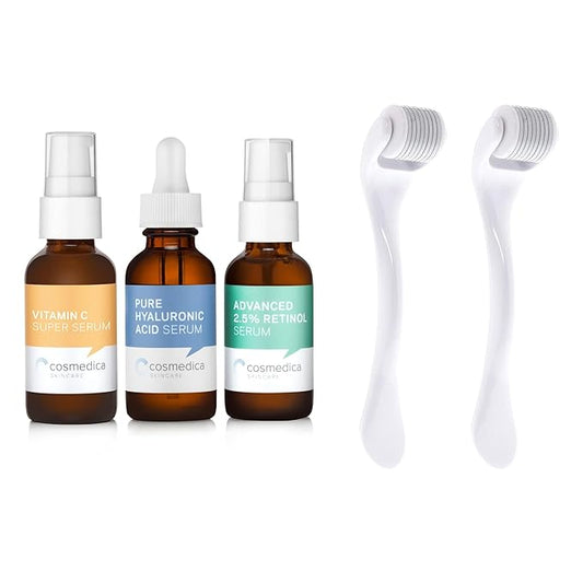 Cosmedica Skincare Facial Serum Trio Set Value for Clear Skin + 2 Microneedling Rollers