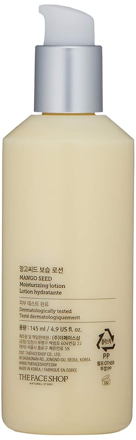 THE FACE SHOP Mango Seed Moisturizing Lotion | Ultra-Moisturizing Lotion for Healthy Radiance to Dry & Flaky Skin | Intense Hydrating & Nourishing Skincare, 4.9 Fl Oz (Pack of 1)