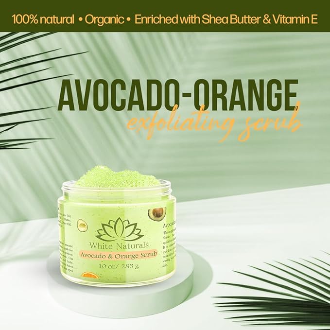 Organic Avocado & Orange Body Scrub Moisturize & Soften Skin, Pure Natural Skincare Exfoliator, Shower Salt Scrub For Exfoliating Dead Skin cells, Body Scrubber & Face Cleanse with Essential Oils
