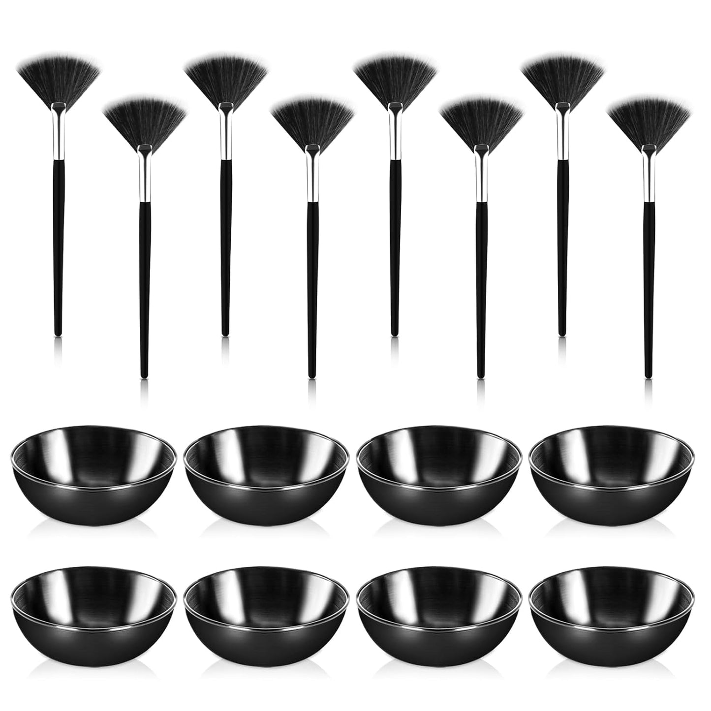 16 Pcs Black Facial Bowl and Brush Set 8 Black Stainless Steel Mixing Bowls Facial Mixing Bowls Esthetician 8 Facial Fan Brushes Esthetician Face Mask Brush for Mud Cream Makeup Spa Salon Women