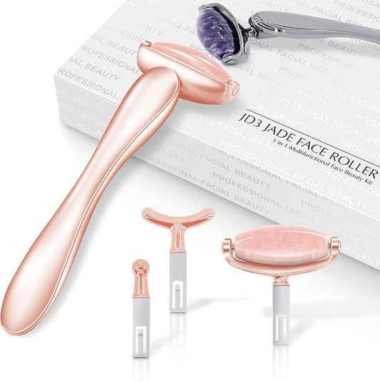 I·B·N G Jade Face Roller, Facial Rollers for Women, Face Massage Skin Care Beauty Tools with 3 Interchangeable Heads (Pink+Rose)
