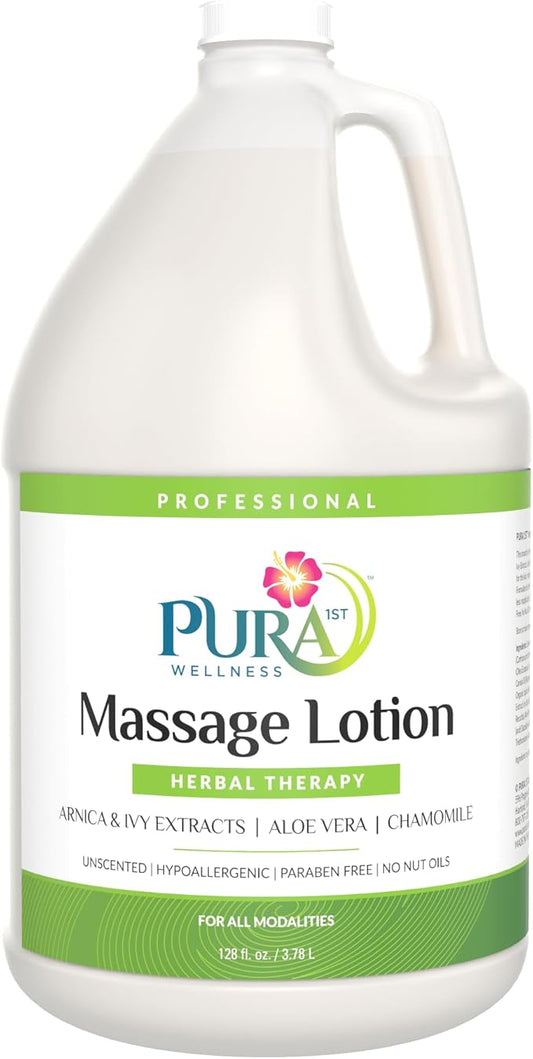 Herbal Massage Lotion, Hypoallergenic Formula for Muscle Relief, Professional Deep Tissue Therapy, Pura Wellness Herbal Lotion, Unscented Massage Lotion for Physical Therapy Recovery, 128oz