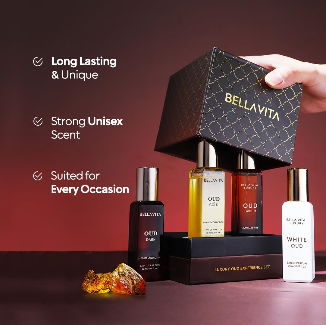 BellaVita Luxury OUD Experience Gift Set (4x20ml) – Premium Arabic Unisex Perfumes | Includes Gold, Dark & White OUD | Notes of Caramel, Orris, Vetiver & Citrus