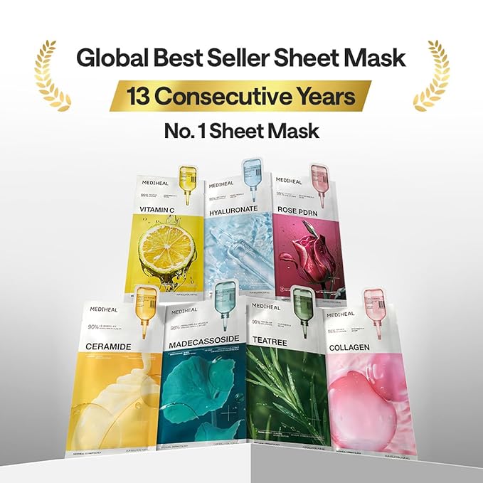 Mediheal Rose PDRN Essential Sheet Mask 4 pcs. 99% Pure White Rose PDRN & Hyaluronic Acid for hydrating, firming, and enhancing moisture barrier, skin firmness, and glow. Vegan formula.