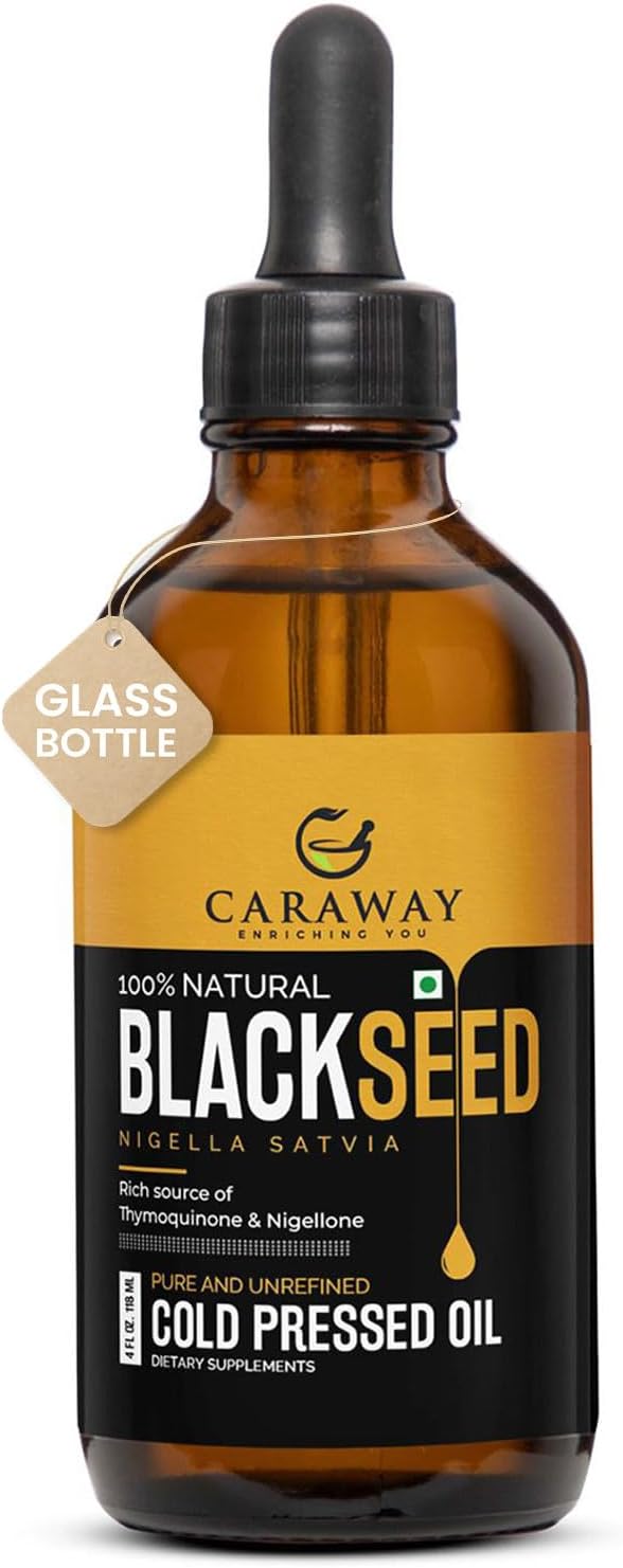 CARAWAY Organic Black Seed Oil - Cold Pressed Nigella Sativa Oil - Pure and Unrefined - Rich in Thymoquinone for Immune Support, Hair and Skin Care | Glass Bottle