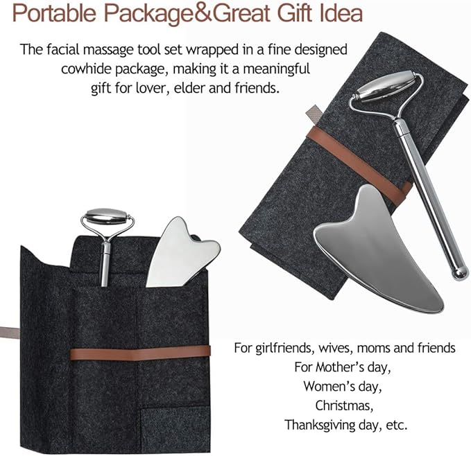 Face Roller and Gua Sha Set - Stainless Steel Mini Eye Roller Set, Face Massager for Wrinkles, Anti Aging Facial Roller - Authentic, Durable, Noiseless Design