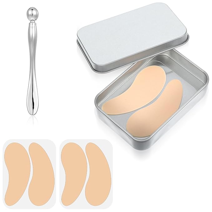 Lusofie 2Pairs Reusable Under Eye Patches Silicone Eye Patches Wrinkle Patches with Metal Applicator for Plump Fine Lines & Wrinkles, Tin Case (Cream Color)