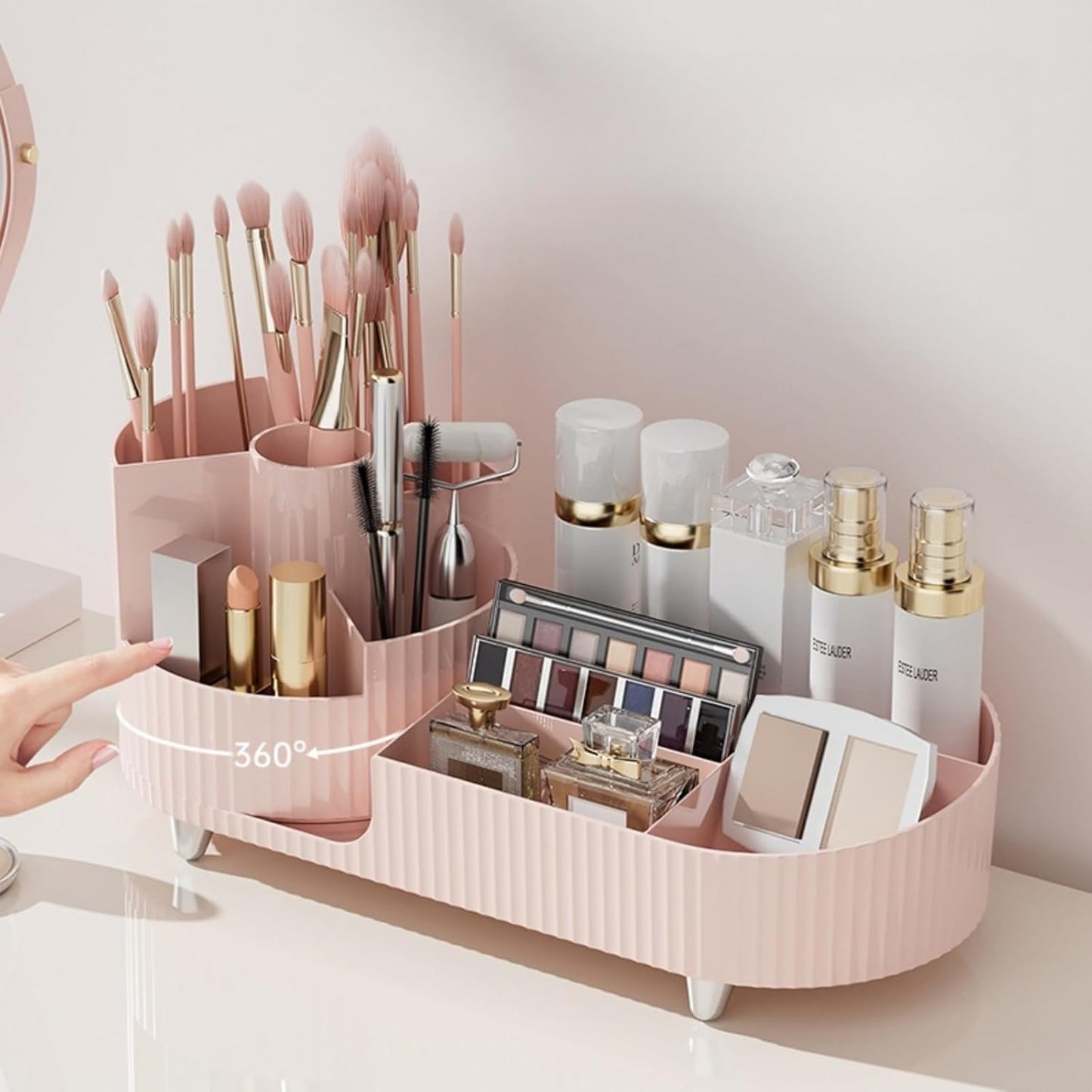Rotating makeup organizer,Large Capacity Cosmetic Display Case, easy to hold all of your makeup products, at least 20 makeup brushes/eyeliner,10 lipsticks,8 skincare products(Pink)