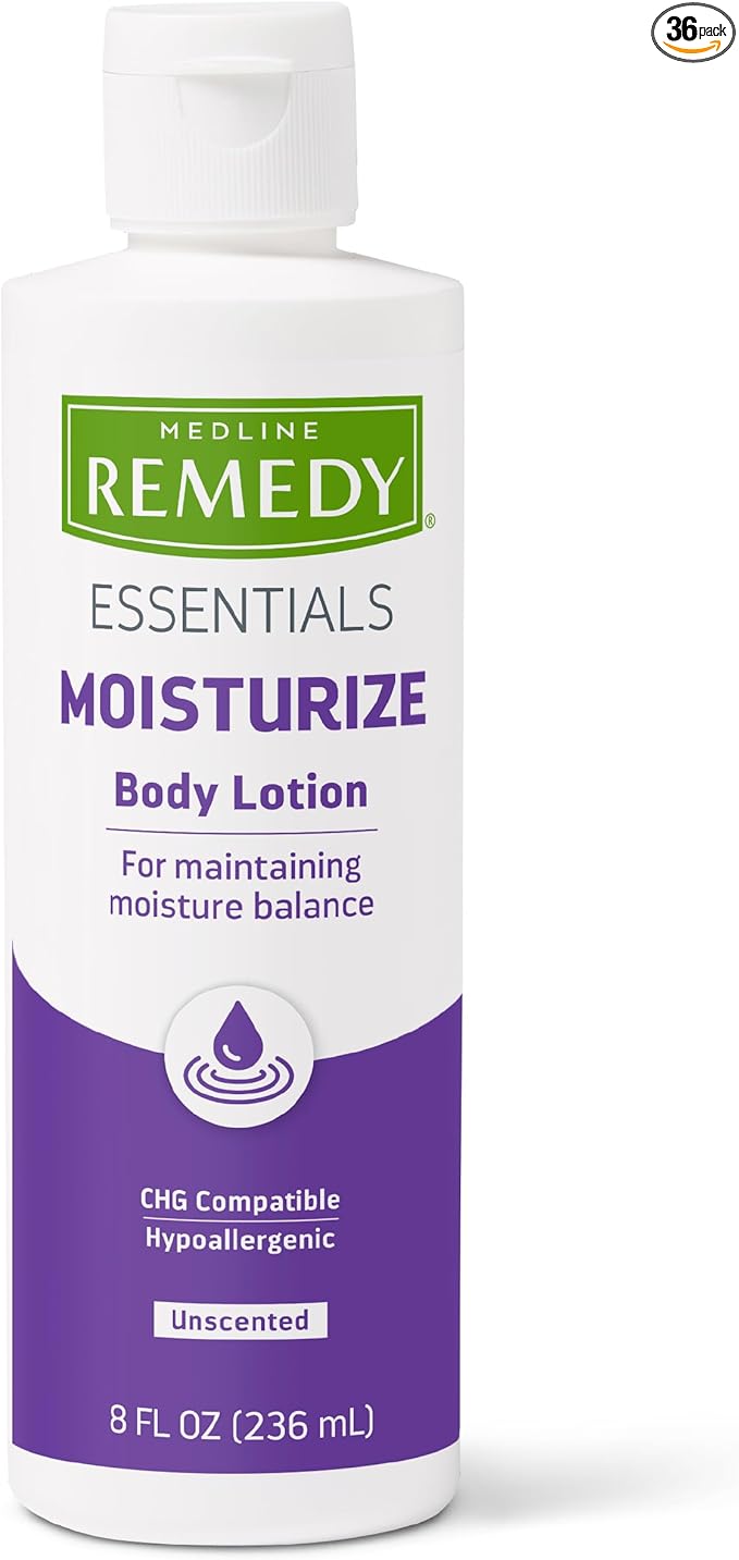 Medline Remedy Essential Moisturizing Body Lotion (8 oz Bottle), 36 Count, Unscented, Hydrating, Soothing For Dry Skin, Smooths & Softens, Non-Greasy, Hypoallergenic, Men, Women, Elderly