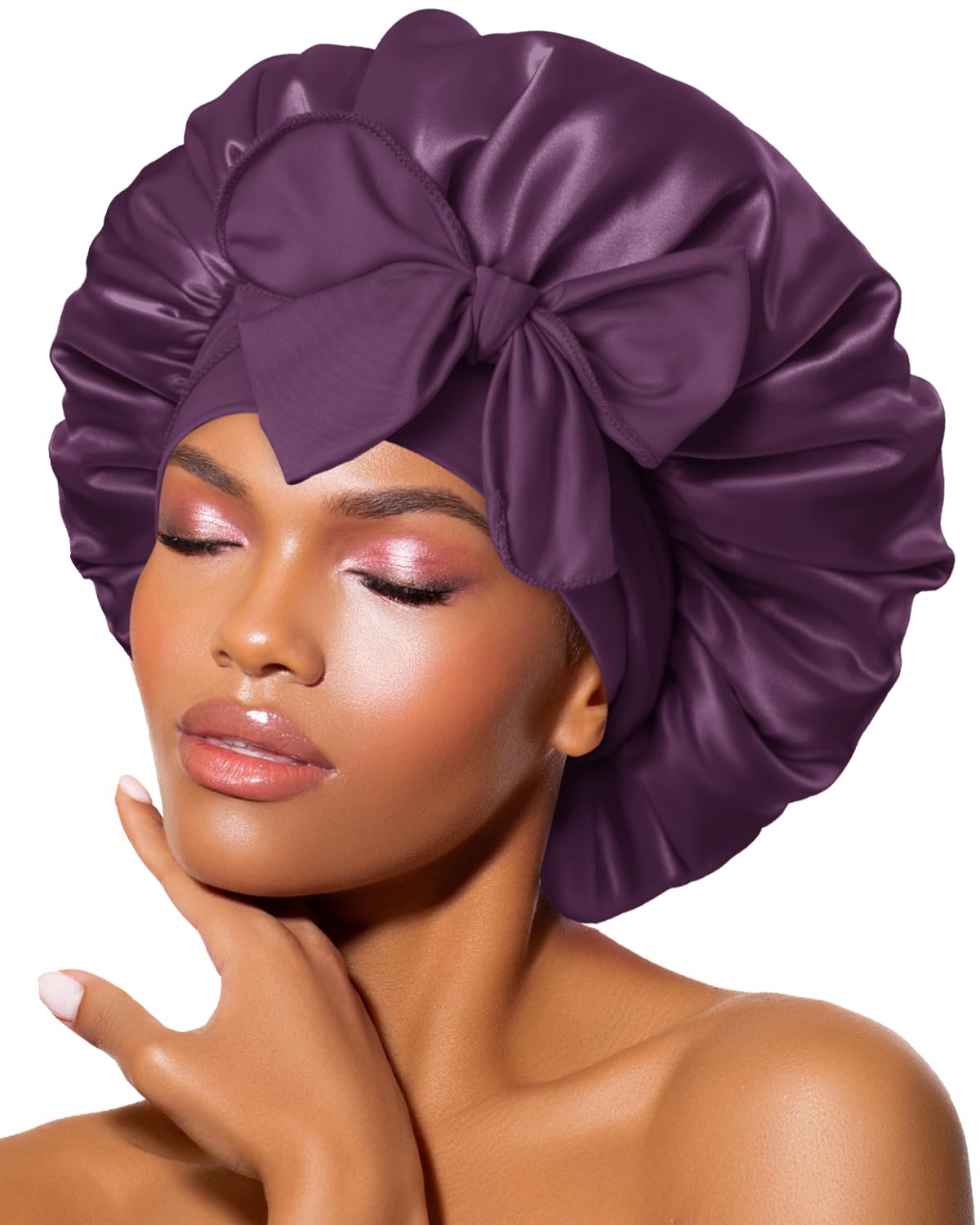 BONNET QUEEN Silk Bonnet for Sleeping Women Satin Bonnet Night Sleep Cap Wrap for Curly Hair with Adjustable Tie Band, Single Layer, Prune