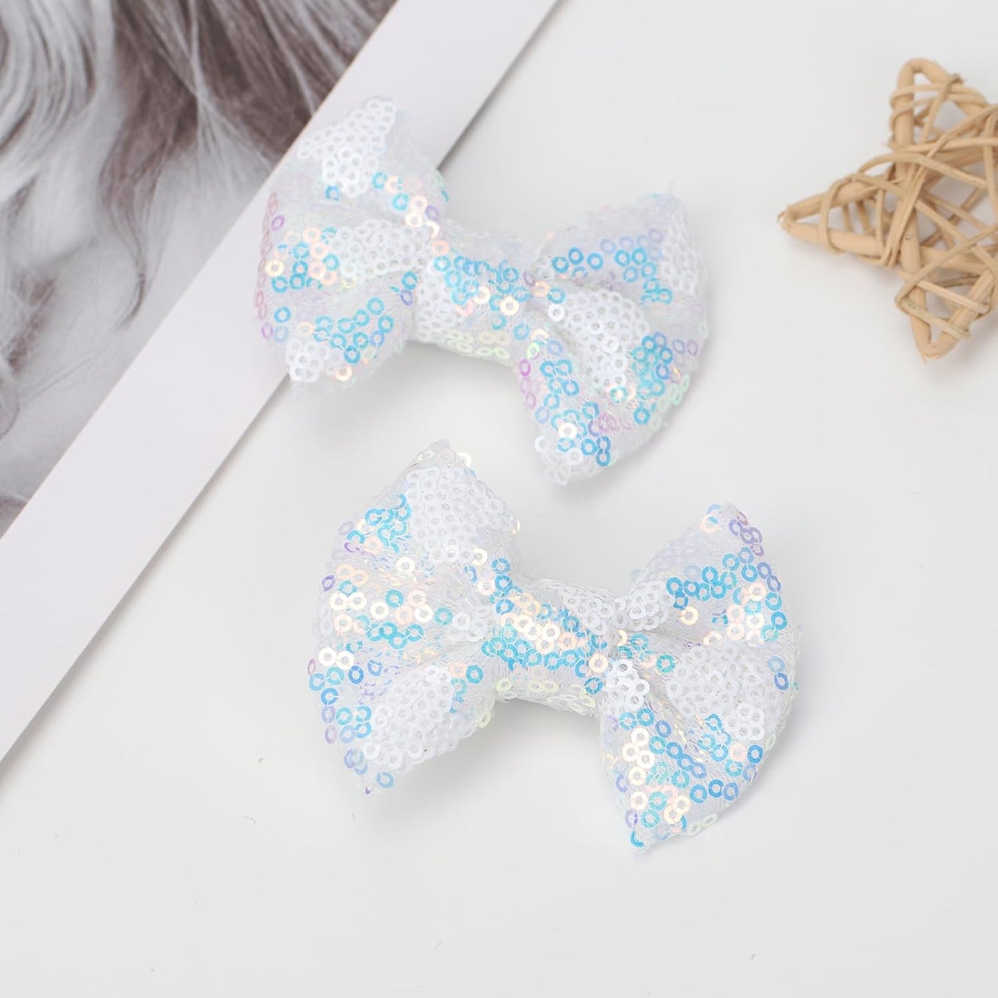Sparkling 3 Inch Glitter Heart Hair Bows Clips Sequin Bow Alligator Clips Hair Accessories for Girls, Teens, Toddlers (White)