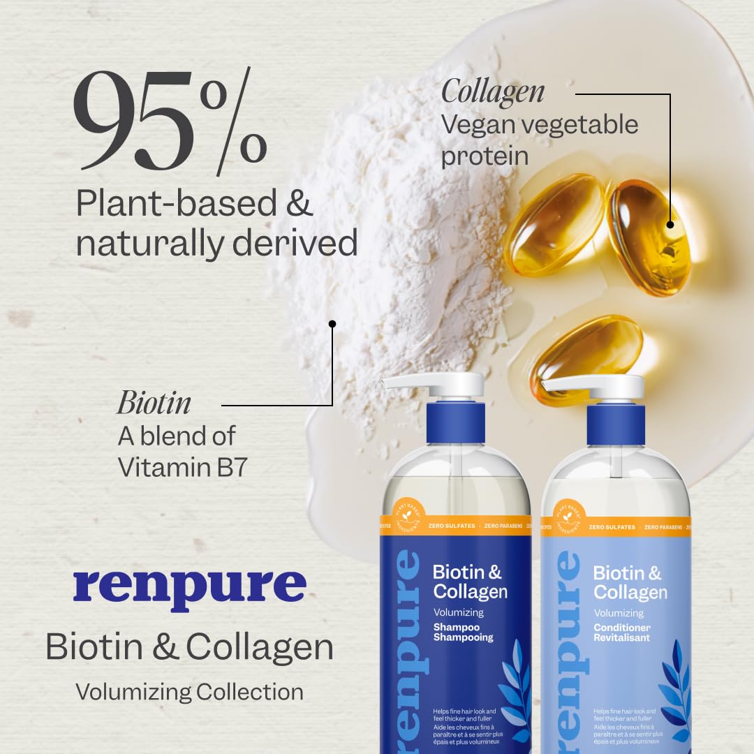 Renpure Biotin & Collagen Shampoo & Conditioner Set, Plant- Based - Nutrient Infused Formulas for Fuller, Thicker Looking Hair - For Fine Hair - Vitamin B7 (Biotin) & Collagen - 24 Fl Oz each, 2 Pack