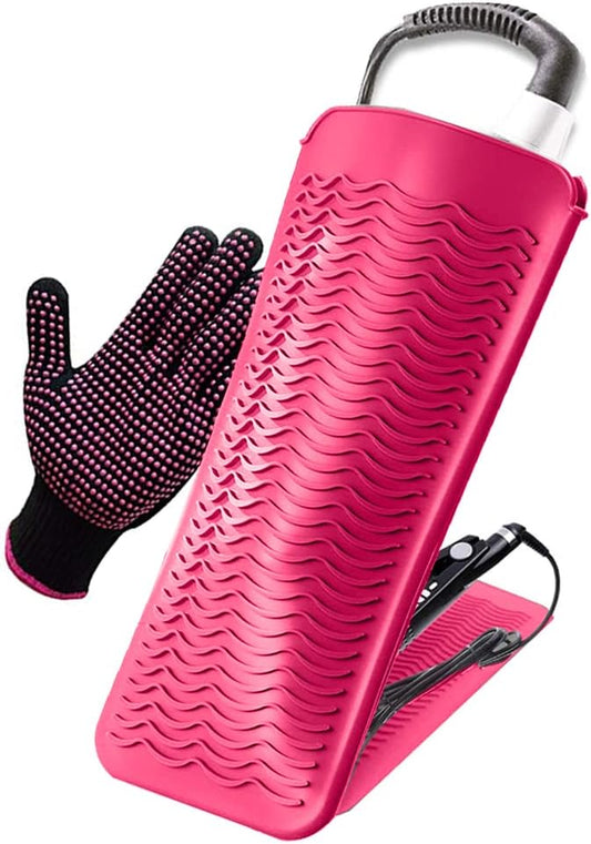 Heat Resistant Silicone Mat Pouch and Glove for Curling Irons, Hair Straightener, Flat Irons and Hair Styling Tools 11.5" x 6", Food Grade Silicone, Pink