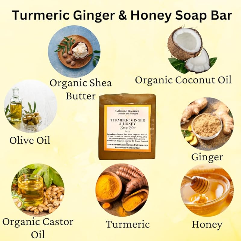 Turmeric Ginger and Honey Soap Bar Natural and Handmade Multi Bar Bundle | Gentle Cleanser for Face and Body | Help Fade Dark Marks (Turmeric 3 Bars)