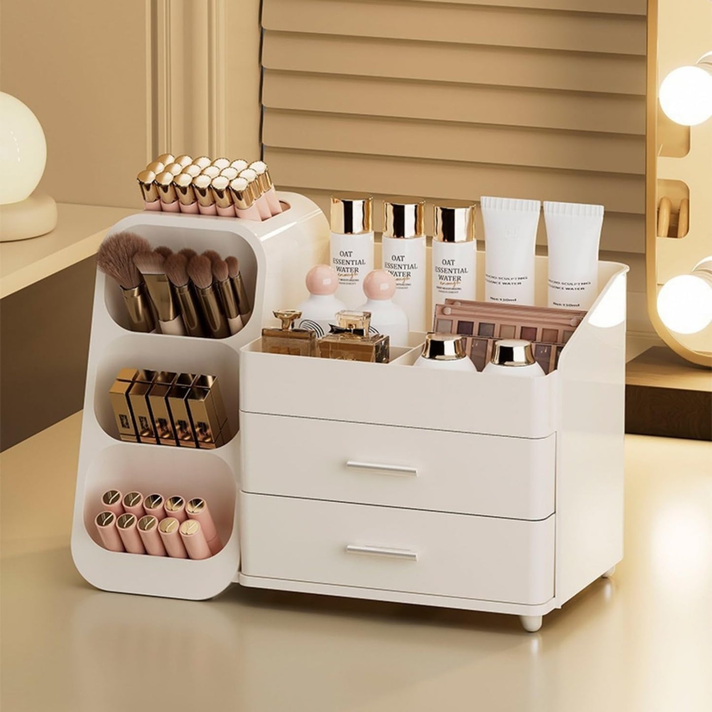 Makeup Organizer with Drawers,Large Capacity Countertop Organizer for Vanity,Bathroom and Bedroom Desk Cosmetics Organizer,Easy To Storage Skincare,Brushes,Lotions,Lipstick (All Cream)