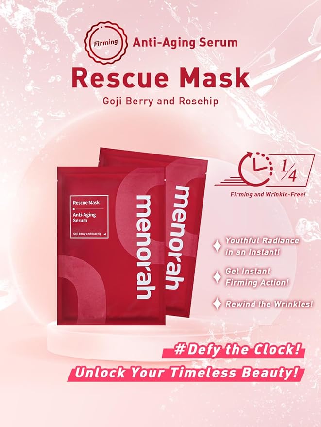 menorah skincare - Anti-Aging Serum Rescue Sheet Masks (4 Sheets) - with Goji Berry, Rosehip, Facial Mask, Skin Firmness and Elasticity