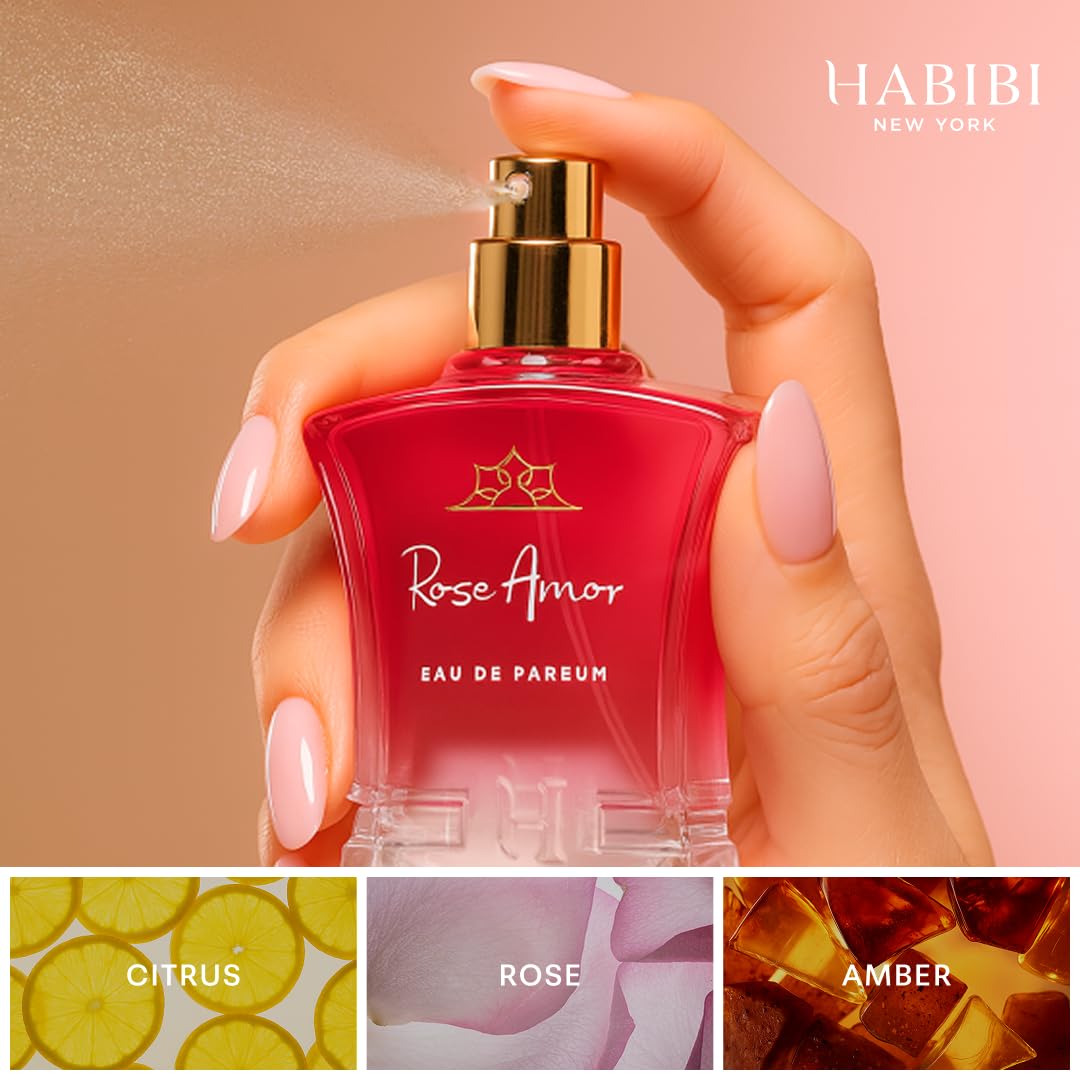 H HABIBI Rose Amor Arabian Perfume for Women – 2.5 oz (75ML) Long Lasting Women's Fragrance, Warm Spicy Floral Scent with White Pepper, Citrus & Amber Notes