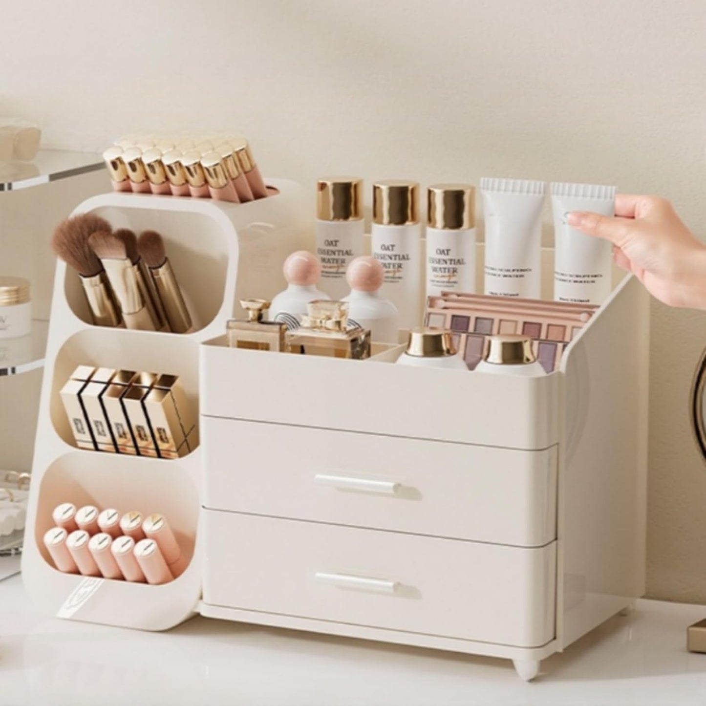 Makeup Organizer with Drawers,Large Capacity Countertop Organizer for Vanity,Bathroom and Bedroom Desk Cosmetics Organizer,Easy To Storage Skincare,Brushes,Lotions,Lipstick (All Cream)