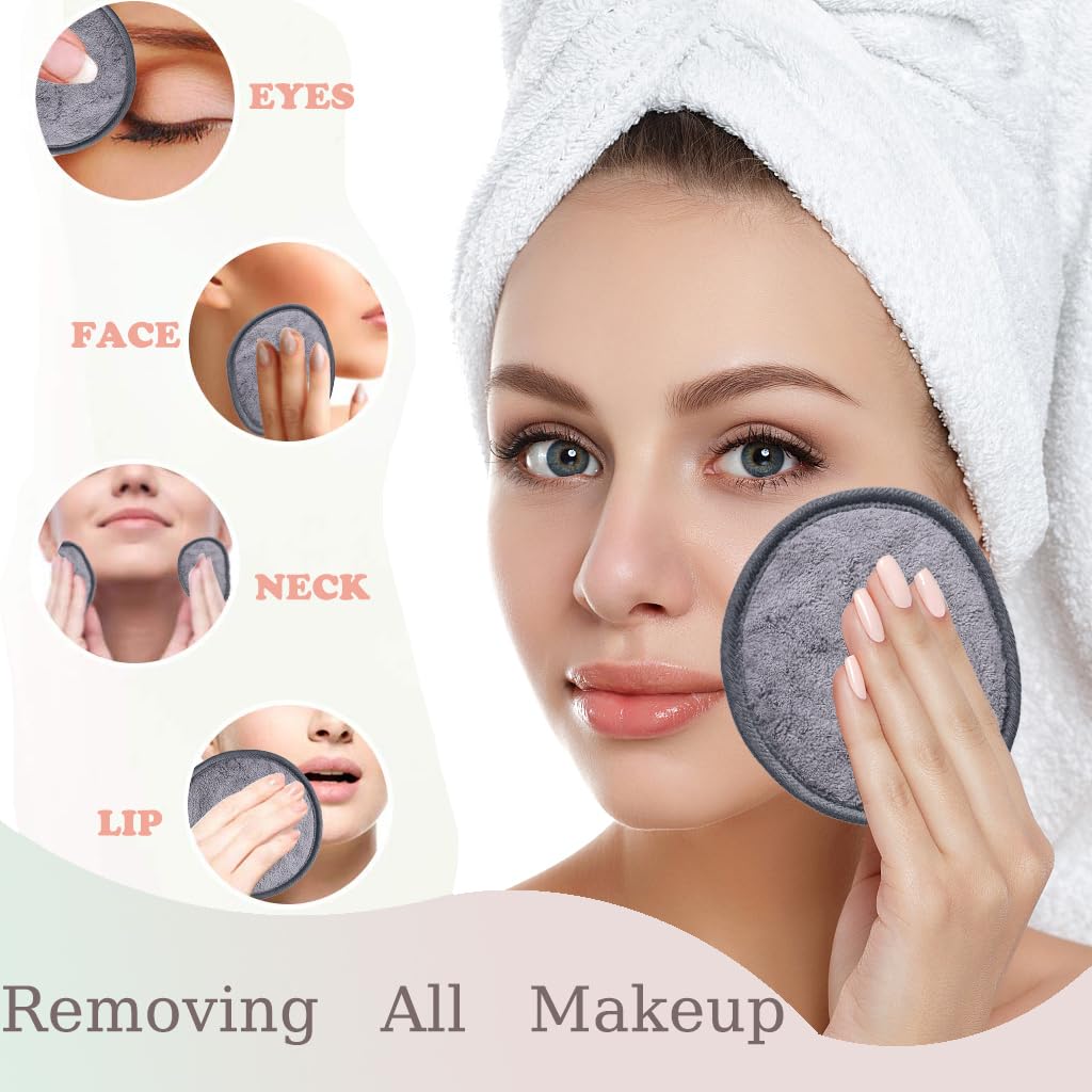Large Reusable Makeup Remover Pads for Face, Soft Microfiber Makeup Remover Cloths Washable, Premiun 5 INCH Face Cleaning Pad with Laundry Bag, 24 Pack Grey