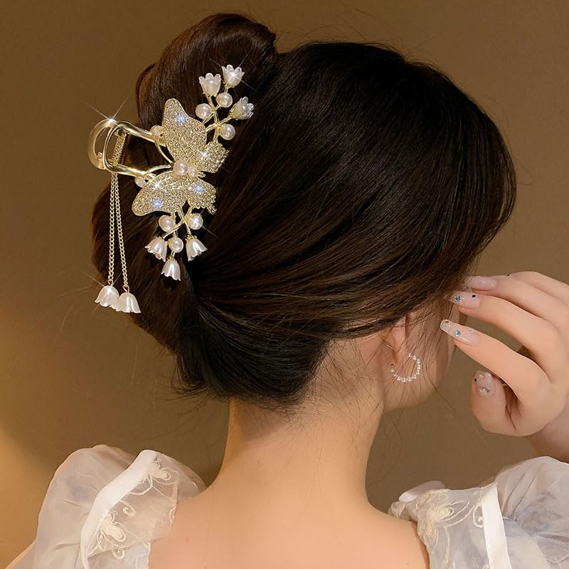 1 Pack Big Butterfly Hair Claw Clip Metal Gold Hair Clips Crystal Rhinestone Butterfly Claw Clips Lily of the Valley Pearl Tassel Design Non Slips Hair Accessories for Women Wedding Birthday Decor