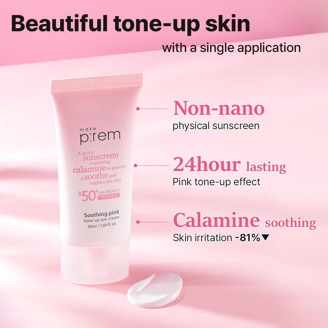 MAKE P:REM Soothing Pink Tone Up Sunscreen, Mineral Sun Care for Dehydrated Skin, Lightweight, Non-Greasy Formula, Skin Tone Correction, Korean Sunscreen, SPF 50, 1.69 fl.oz. (50ml)