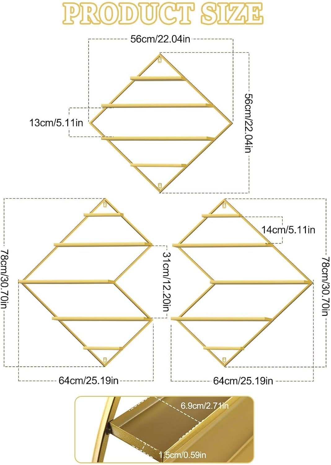 EBANKU Metal Wall Mounted Nail Polish Storage Racks, Gold Display Rack Cosmetic Display Case Lipstick Wall Shelf Essential Oil Organizer for Nail Polish Bottles Spa Nail Salon (Irregular Rhomboid)