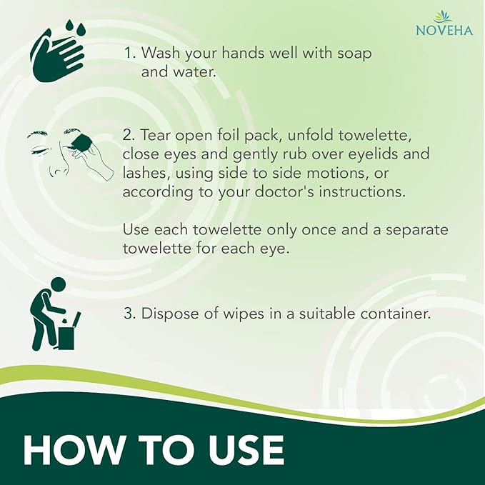 NOVEHA Demodex Eyelid & Lash Wipes | Box of 60 Individually Wrapped Extra Strength Cleansing Eyelash Wipes - Battles Irritated Eyes - Naturally Remove Debris (Pack of 3)
