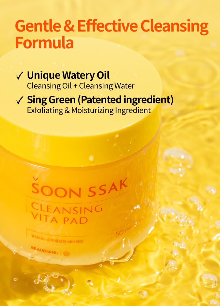 BEAUDIANI Soonssak Vitamin C Cleansing Pads, 50 Count – One-Swipe Makeup Remover, Low-pH 5.3, Embossed Exfoliating Wipes, Hydrating Lyocell, No-Rinse, Sensitive Skin, Korean Skincare