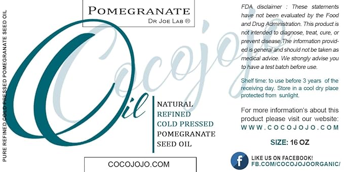cocojojo Pomegranate Seed Oil Pure Cold Pressed 16 oz Refined Perfect for Skin Hair Nails Cuticles